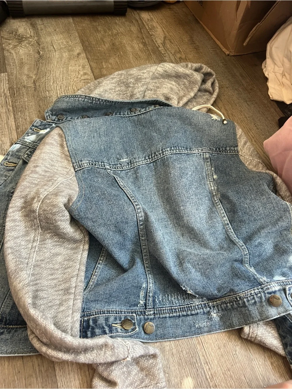 Free People | Distressed Knit Sleeve Denim Jacket S Grunge Hooded Streetwear - Picture 13 of 14
